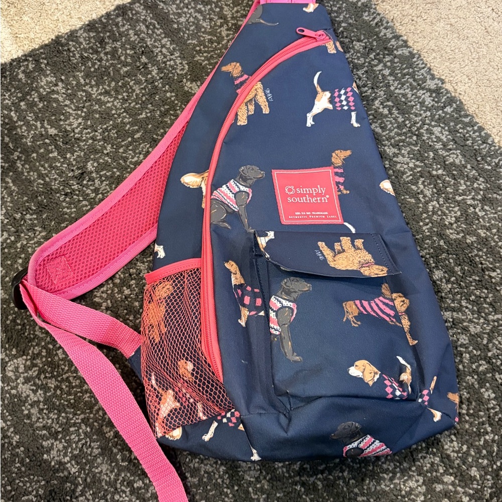 Simply Southern Dog Print Shoulder Sling Backpack Navy Blue/Pink Kids
